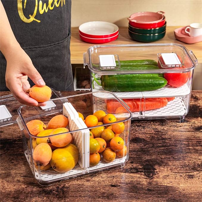 Refrigerator Organizer Bins, Stackable Freezer Lettuce Keeper with Lids and Removable Drain Tray Food Storage Containers for Fridge Freezer Cabinet Kitchen Organization - 4 Pack - Image 2