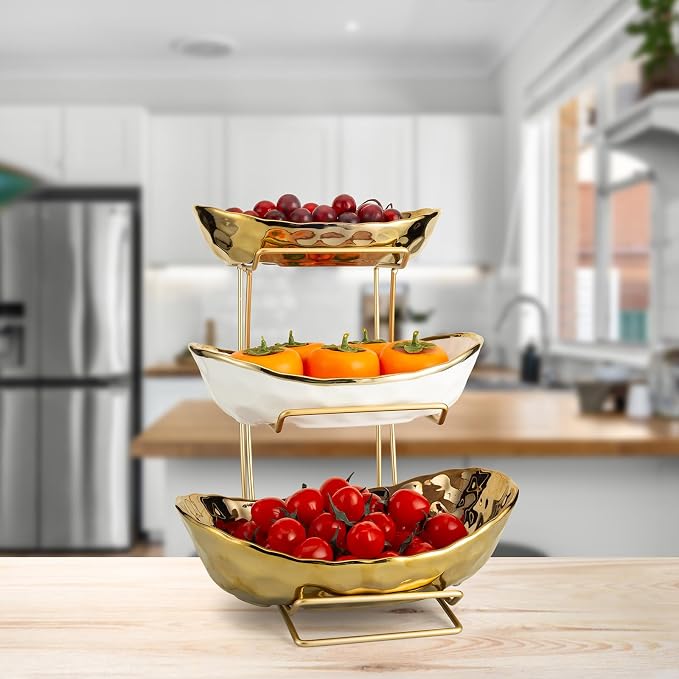 3 Tier Ceramic Fruit Basket for Kitchen Counter with Metal Stand, Fruit Bowls with Rack, Porcelain Bowls for Vegetable Bread Candy Snack Nuts Dessert Cake Tray (Gold Triple Layer) - Image 2