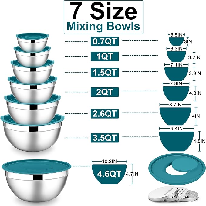 E-far Mixing Bowls with Lids Set, 7-Piece Stainless Steel Mixing Bowls with 3 Grater Attachments, Size 4.6, 3.5, 2.6, 2, 1.5, 1, 0.7QT, Metal Nesting Bowls & Blue Airtight Lids, For Baking/Cooking - Image 2