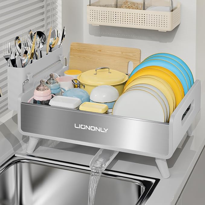 Dish Drying Rack, Thicker Premium Aluminum Frame and 304 Stainless Steel Plate Rack for Kitchen Counter, Automatic Drainage Spout, Dish Drainer & Drainboard Set with Utensil Holder, White by StartYourHomeStorageLife