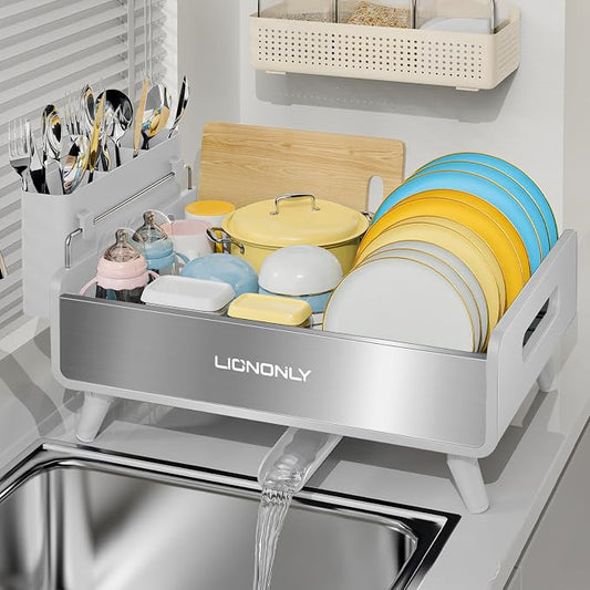 Dish Drying Rack, Thicker Premium Aluminum Frame and 304 Stainless Steel Plate Rack for Kitchen Counter, Automatic Drainage Spout, Dish Drainer & Drainboard Set with Utensil Holder, White by StartYourHomeStorageLife