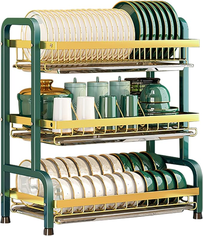 CAKERS Dish Drying Rack with Removable Drain Tray|Carbon Steel Dish Strainers for Kitchen Counter|Tableware Holder Dinnerware Drainer Organizer,Green-Gold,3 Tier(Extra Long)-Main Shelf by CAKERS