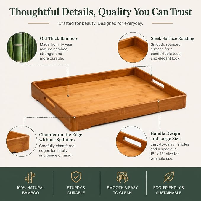 Bamber Large Bamboo Serving Tray Decorative Coffee Tea Platter 18 x 13 x 1.2 Inches - Image 4