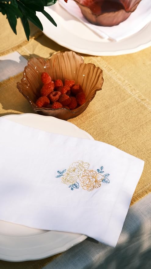 White Linen Napkins Set of 4-100% Pure Linen Embroidered Dinner Napkins, Washable Reusable, 19 x 19 Inch for Spring Summer Mother's Day - Botanical Embroidery (Rose Garden Collection) - Image 4