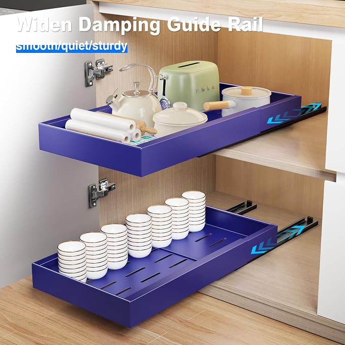 Mustorn 2 Pack Pull Out Cabinet Organizer,21.8" Deep Slide Out Drawer for Cabinets Adhesive Pull Out Drawers Heavy Duty Pull Out Shelves for Kitchen,Cupboard,Pantry,Bathroom-Blue - Image 3