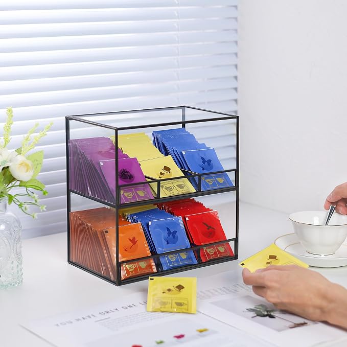 REDHUGO Glass Tea Bag Organizer, 2-Tier Tea Bag Holder for Counter, Black | Glass teabag organizer with 2-tier design and black frame, keeps tea bags tidy for counters, cabinets and tea stations - Image 6