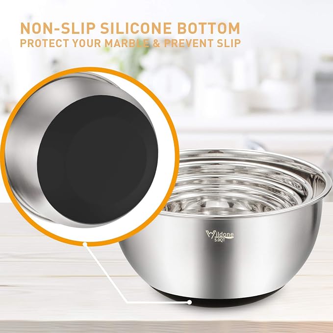 Wildone Mixing Bowls with Airtight Lids Set, 5PCS Stainless Steel Nesting Bowls for Kitchen, with Grater Attachments & Non-Slip Bottoms, Size 5, 3, 2, 1.5, 0.63 QT, Great for Mixing & Serving - Image 5
