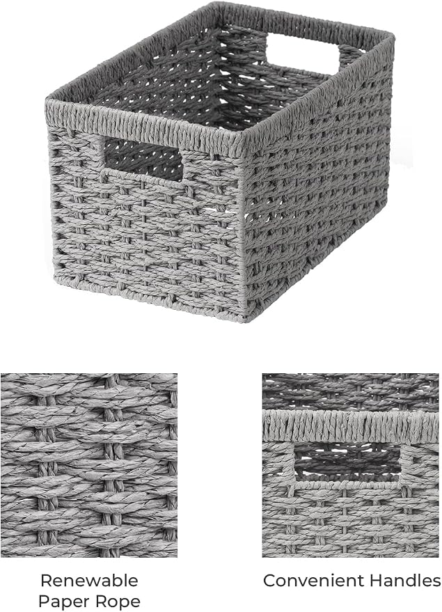 StorageWorks Wicker Storage Baskets, Gray Baskets for Storage, 2-Pack | Paper Rope Wicker Storage Baskets for Shelves, Rectangular Wicker Baskets with Handles, Handwoven Grey Baskets, Woven Baskets - Image 3