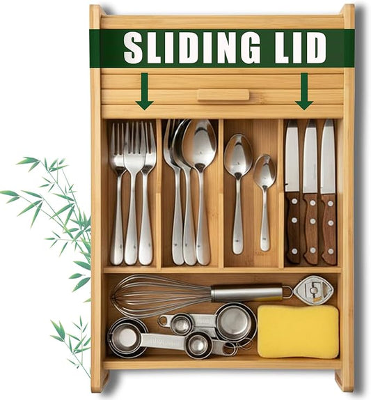 KozyKoala & Co. Bamboo Drawer Organizer with Sliding Lid - 5 Slot Kitchen Drawer Organizer & Utensil Holder - Wood Bamboo Cutlery Tray for Flatware & Multipurpose Storage for Home & Office by Unknown