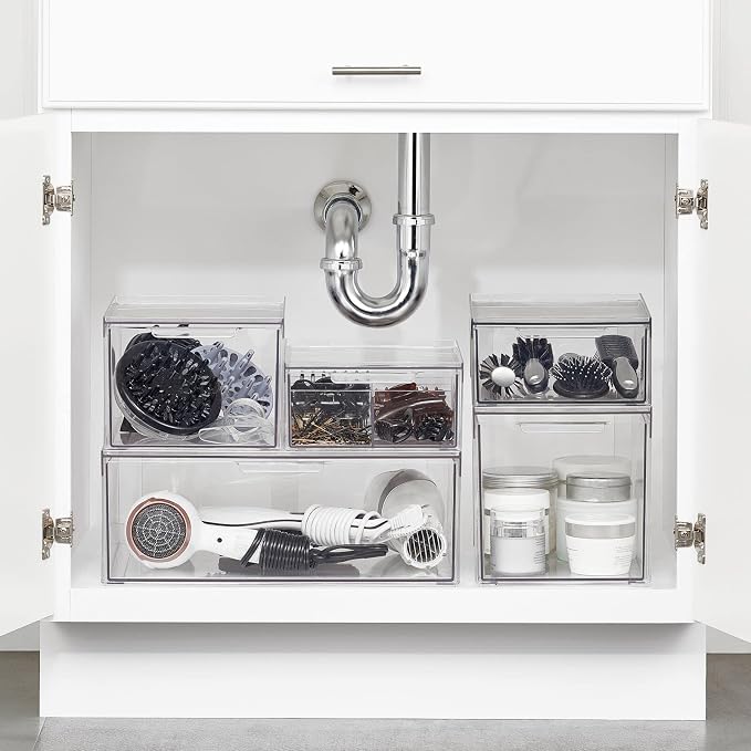 mDesign Plastic Stackable Bathroom Storage with Pull Out Bin Organizer Drawer for Cabinet, Vanity, Shelf, Cupboard, Cabinet, or Closet Organization - Lumiere Collection - 4 Pack - Clear - Image 2