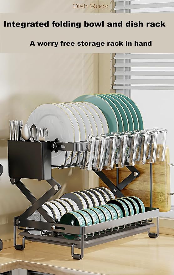Good Grips Carbon Steel Fold Flat Dish Drying Rack, 2-Tier, with Drainboard, for Kitchen Counter, Collapsible (Black) - Image 5