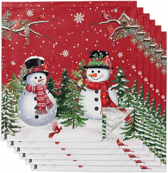 Red Snowman Christmas Cloth Napkins, Washable and Reusable Dinner Napkins Set of 6, Xmas Tree Snowflake Winter Branches Table Napkin for Kitchen Party Birthday Wedding Hotel Housewarming 20''x20'' by Unknown
