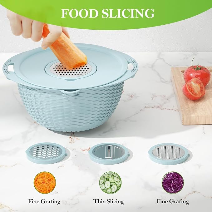 4 in 1 Kitchen Colander with Mixing Bowl Set Rotatable Multi-functional Food Strainer and Basket Colander Fruit Vegetable Grater Rice Strainer Salad Spinner Slicer Washing Bowl - Image 3