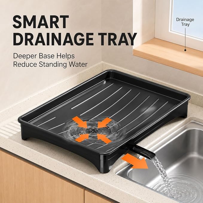 2 Tier Dish Drying Rack, Expandable Dish Rack for Kitchen Counter with 360° Swivel Auto Drain Spout, Large Capacity Dish Drainer with Detachable Utensil Holder, Carbon Steel Kitchen Organizer - Image 5