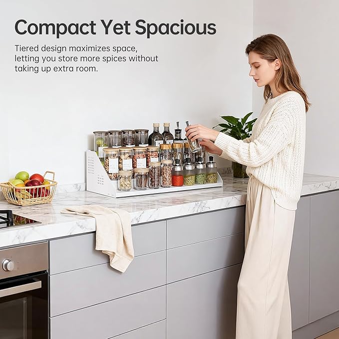 RCHYFEED 3 Tier Expandable Spice Rack Organizer, Height Adjustable,Metal | White, Multi-purpose Metal Display Organizer for Cabinet, Countertop, Pantry and Cupboard Spice Storage - Image 2