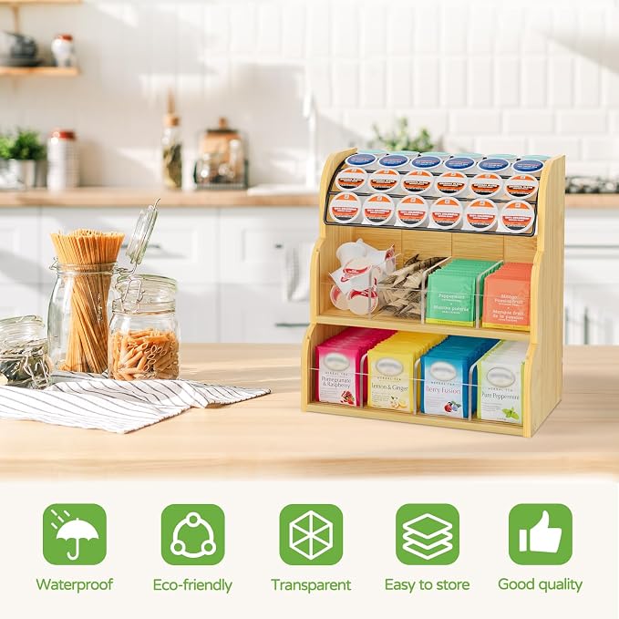 LASZOLA Bamboo Tea Bag and Coffee Holder Organizer for Cabinet Counter | 3 Tier Large Capacity, Vertical K Cup and Tea Packet Storage Rack, Sturdy Display Stand, Easy Assemble - Image 6