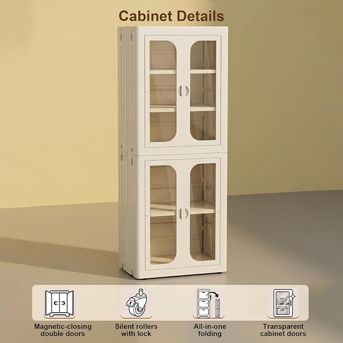 5-Tier Plastic Storage Cabinet with Adjustable Shelves | Stackable,Freestanding, Transparent Doors and Wheels, Tool-free Install, Durable PP, 20.41”×13.79”×52.32” Storage Organizer - Image 8