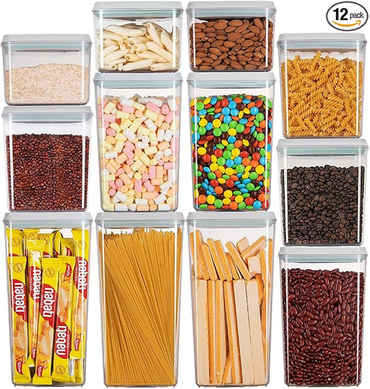 Pop Airtight Food Storage Containers with Lids for Kitchen Pantry Organizing Stackable Container for Cereal Snack Flour Sugar Coffee Spaghetti -12 Pcs(1.2, 2.0, 2.7, 3.3qt)*3 by ANKOU