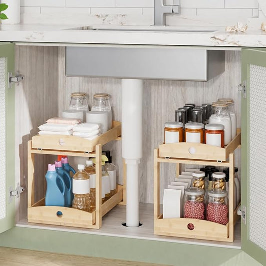 Bamboo Under Sink Organizer 2 Tier Pull Out Cabinet Storage Drawer by LONTAI