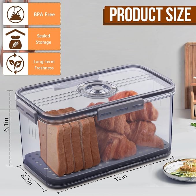 Gifhomfix Bread Box Bread Boxes for Kitchen Counter Airtight, Time Recording Bread Storage Container with Lid, Bread Keeper for Homemade Bread, Toast, Bagel, Donut and Cookies, Grey - Image 2