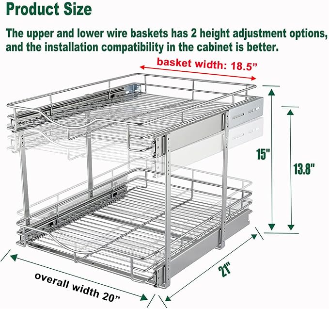 DINDON 2 Tier Pull Out Cabinet Organizer (20" W X 21" D), Double Tier Wire Basket Slide Out Shelf Storage for Kitchen Base Cabinet Organization ​for Kitchen, Pantry, Bathroom, Chrome - Image 3