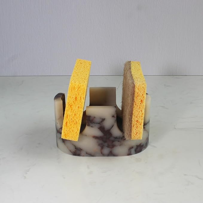 Natural Travertine Marble 2-Slot Sponge Holder for Kitchen Counter, 2-in-1 Stone Drying Rack, Sponge Caddy for Sink Organizer - Calacatta Viola Marble - Image 6
