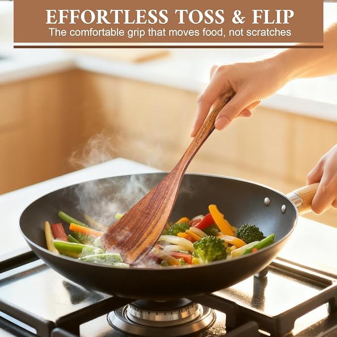9 Pcs Teak Wooden Utensils Set, Wooden Cooking Utensil | Non-Toxic & Nonstick Safe Kitchen Utensil, Durable Comfort Grip， Heat Resistant Wood Cookware with Hooks - Image 5