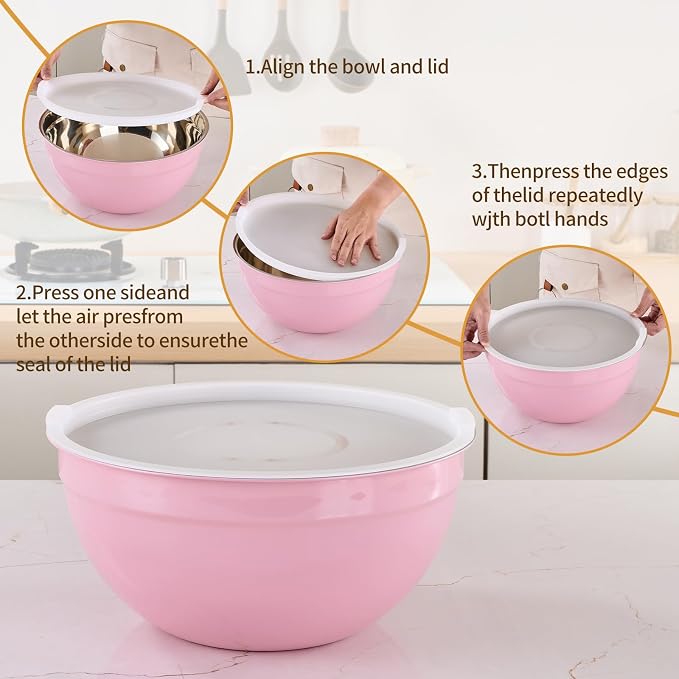 Pink Mixing Bowls with Airtight Lids, Stainless Steel Nesting Mixing Bowls Set of 7, Ideal for Baking, Prepping and Serving Food, Size 7, 3.6, 2.7, 2.1, 1.5, 1.1,0.8 QT, Stackable Design - Image 3