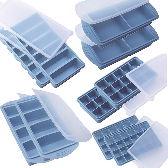 Silicone Freezer Molds Gift Set with 1 Tbsp,2 Tbsp, 1/2, 1, and 2 Cup Silicone Freezer Trays With Lids - Meal Prep and Kitchen Essentials Bundle (Blue 10 Pack) by BECOKIT