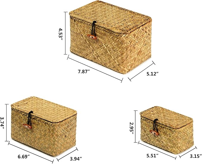 FEILANDUO Shelf Baskets with Lid Set of 3 Handwoven Seagrass Storage Box Wicker Basket Desktop Makeup Organizer Multipurpose Container (Original (S/M/L) - Image 2