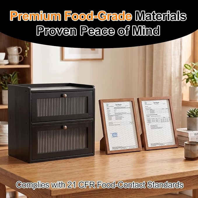 Alpeir Wooden Bread Box for Kitchen Countertop, Large Double Layer, Black | Food-Safe Pine Wood, Double-Row Ventilation, Strong Acrylic Window, Raised Top Shelf, Easy Care, Farmhouse Corner Container - Image 4