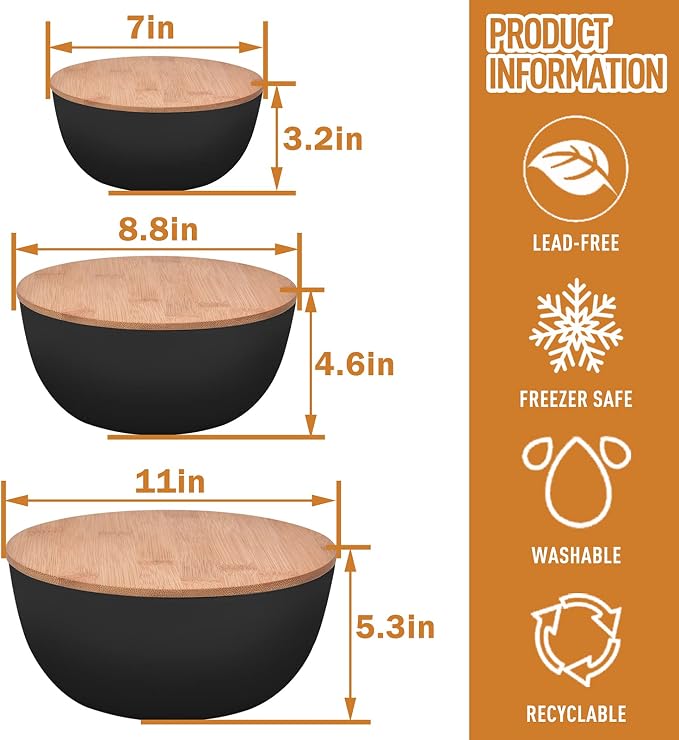 Salad Bowl with Lid, Set of 3 (7" + 8.8" + 11") Serving Bowl with Bamboo Cover, Bamboo Fiber Mixing Bowl for Salad Cereal Pasta Soup Fruit Popcorn Chips (Black) - Image 3