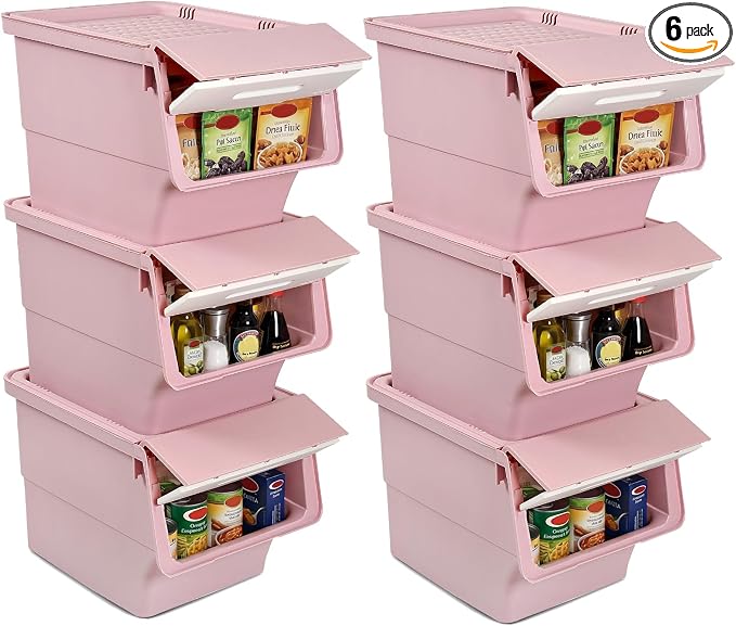 GIANTEX 6 Pack Plastic Stackable Storage Bins with Lids & Wheels, 35 QT | Open Front Stacking Bins, Organizer Bins for Pantry, Kitchen, Laundry, Closet, Playroom, Bedroom Organization by Giantex