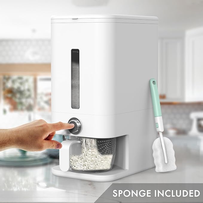 Rice Dispenser - 26.5 lbs Rice Storage Container with Measuring Cup, Rice Scoop & Sponge – Large Cereal Grain Bucket with Scale for Kitchen Pantry Organization, BPA-free, Airtight (White) - Image 4