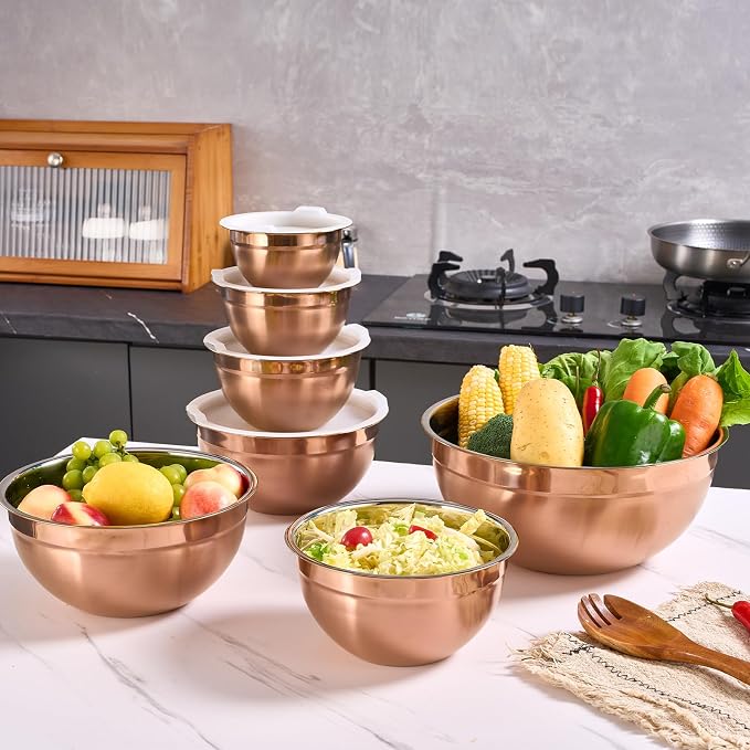 Rose Gold Mixing Bowls with Airtight Lids, Stainless Steel Nesting Mixing Bowls Set of 7, Ideal for Baking, Prepping and Serving Food, Size 7, 3.6, 2.7, 2.1, 1.5, 1.1,0.8 QT, Stackable Design - Image 6