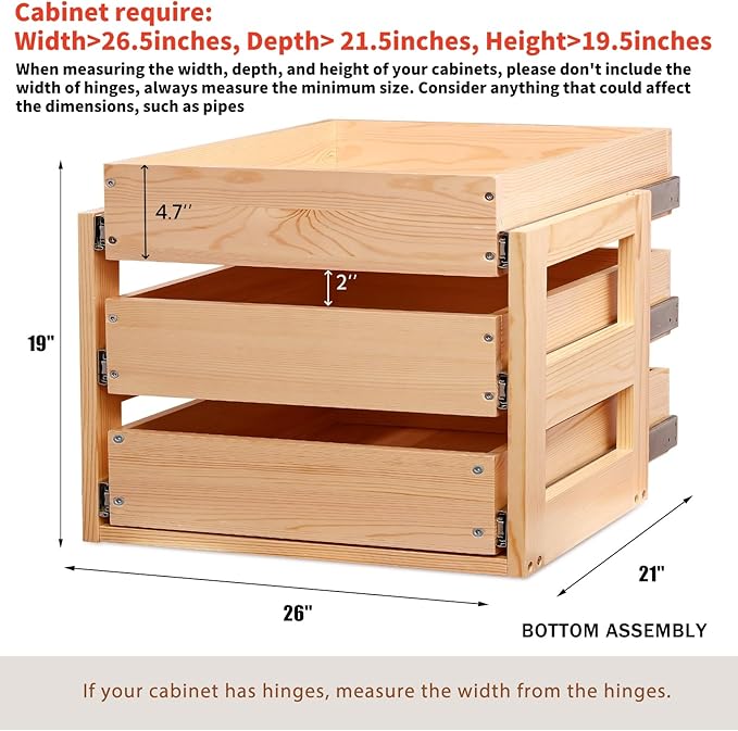 Pull Out Drawers For Cabinets, 26''W×21''D×19''H Soft Close Slide Out Wood Shelves Storage Organizer for Kitchen, 3-Tier, Finished, Heavy-Duty, Bottom Assembly - Image 3