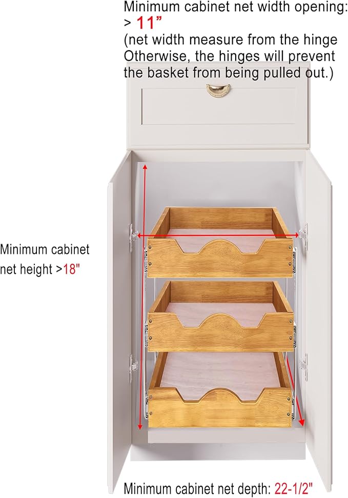 DINDON 3 Tier Pull Out Cabinet Organizer 11” W X21” D Slide Out Wood Drawer With Shelf Liner For Kitchen Pantry Organization - Image 3
