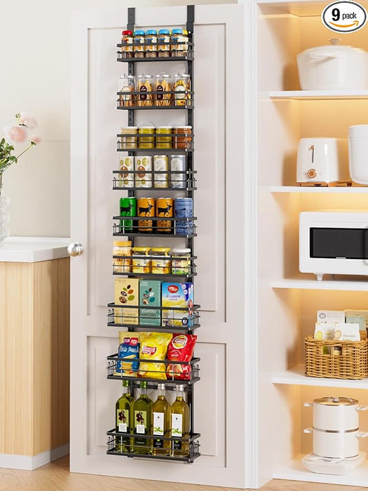 Delamu 9-Tier Over the Door Pantry Organizer, Adjustable Pantry Door Organizers and Storage, Metal Hanging Basket Wall Spice Rack Seasoning Organizer, Door Organizer Kitchen Bedroom Bathroom,12"Black by DELAMU