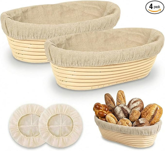 Banneton Bread Proofing Basket Set of 2, 10 inch Oval | 2 Linen Liners, Rattan Banneton, for Sourdough Bread Baking, for Professionals and Home Bakers by BASILKIT