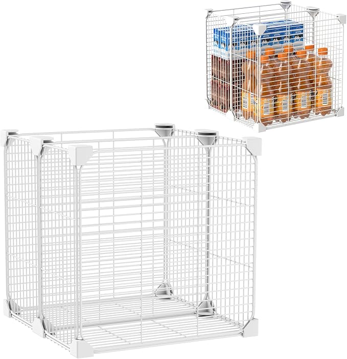 Deep Freezer Organizer Bin with Adjustable Divider Pantry, 13.8x13.8x13.8'' | Vertical Sides Wire Freezer Baskets, Freezer Bins for Upright Freezer Meats Frozen Food Snacks Ice Cream Fruits & Vegetables by KUJIBGY