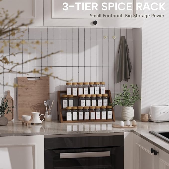 Bamboo Spice Rack Organizer -3-Tier Spice Rack for Countertop,Cabinet Spice Rack Organizer for 24 Spice Jars(4oz)，Step Shelf (Walnut) - Image 7