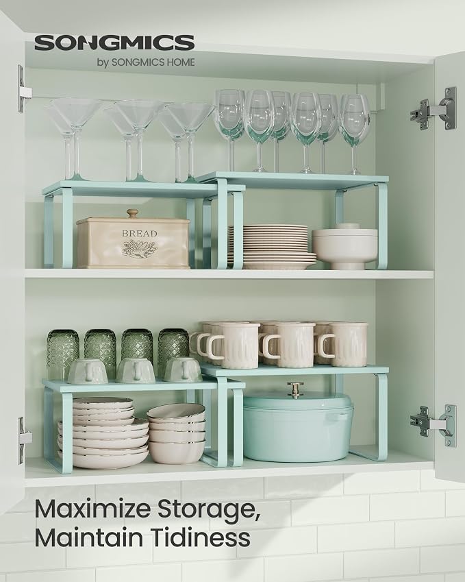 SONGMICS Cabinet Organizer Shelf, Set of 2 Kitchen Counter Shelves, Kitchen Storage, Spice Rack, Stackable, Expandable, Metal and Engineered Wood, 11.7 Inches, Moonlight Green UKCS002C01 - Image 2