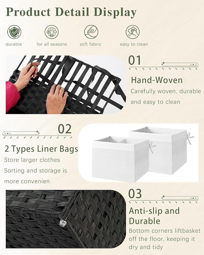 SETVSON Storage Basket with Lid Wicker Baskets for Storage, 160L Black | 42.3 Gallon Dual Lid Jumbo Blanket Storage Trunk, Divided Clothes Organizer, 2 Washable Liner Bags, Collapsible PE Rattan Bin - Image 8