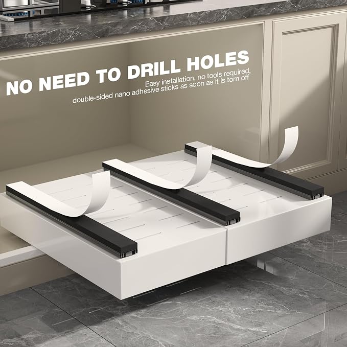 Seinloes 2 Pack Pull Out Cabinet Organizer 19" Deep,Full Extension 3 Slide Rails Slide Out Drawers With Raising Pad for Framed Cabinets,Expandable Width (12.3"-20.5"),No Drill Roll Out shelf,White - Image 7