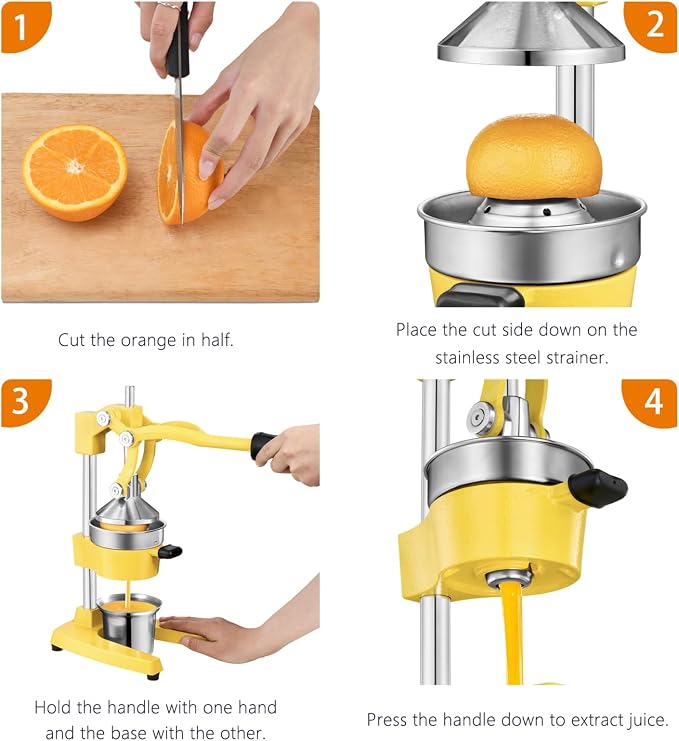 TONGCHANT Cast Iron Manual Juicer for Orange Lemon Lime Pomegranate &Citrus | Heavy Duty Orange Juicer Squeezer, Hand Press Juicer, Citrus Press, Stainless Steel Cup, Easy to Clean, Yellow - Image 6