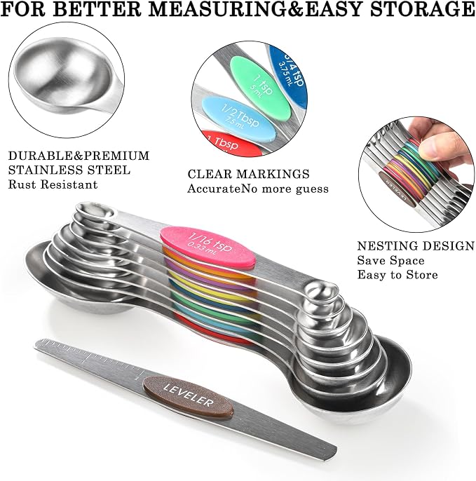 Magnetic Measuring Cups and Spoons Set Including 8 Stainless Steel Stackable Magnetic Measuring Cup 8 Magnetic Measuring Spoon with Leveler for Dry Liquid Ingredient - Image 2