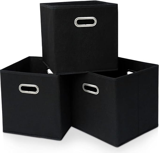 Black Fabric Cubby Storage Bins，13x13x13 Inches ，Cube Organizer Bin Foldable Storage Boxes with Dual Handles Fabric Organizer Box and collapsible Storage basket，Set of 3 ，Black by Yunkeeper