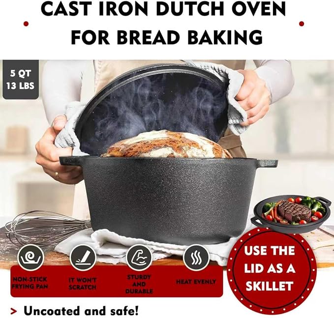 Sourdough Bread Starter Kit Baking Supplies with Cast Iron Dutch Oven for Bread Baking 34 Oz Starter Jar 2 Cotton Rope Banneton Proofing Basket Best Gift Set - Image 5