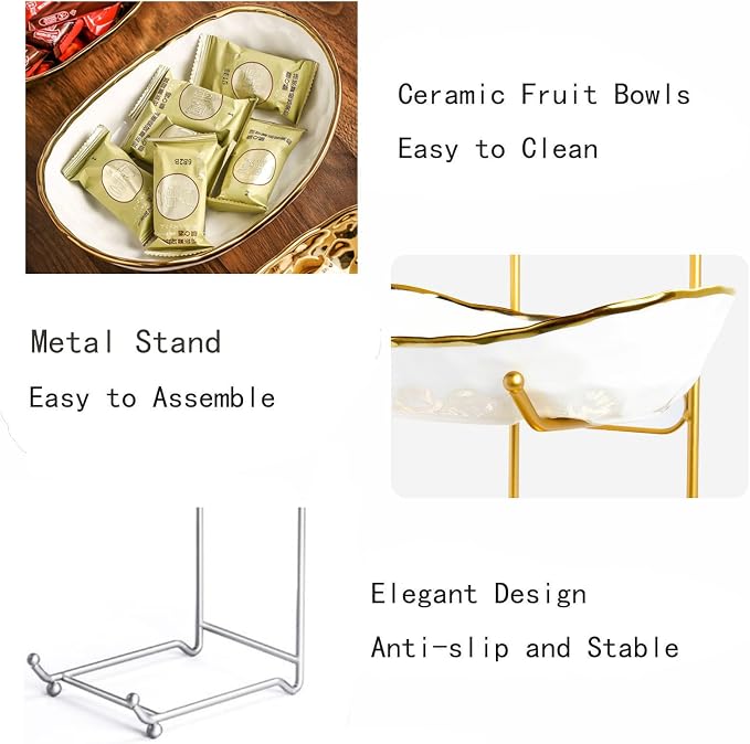 2-Tier Fruit Bowls for Kitchen Counter,Ceramic Bowl with Silver Metal Stand,2 Tier Fruit Basket for Fruit,Snack,Cake,Nuts,Dessert Space Saving Storage - Image 3