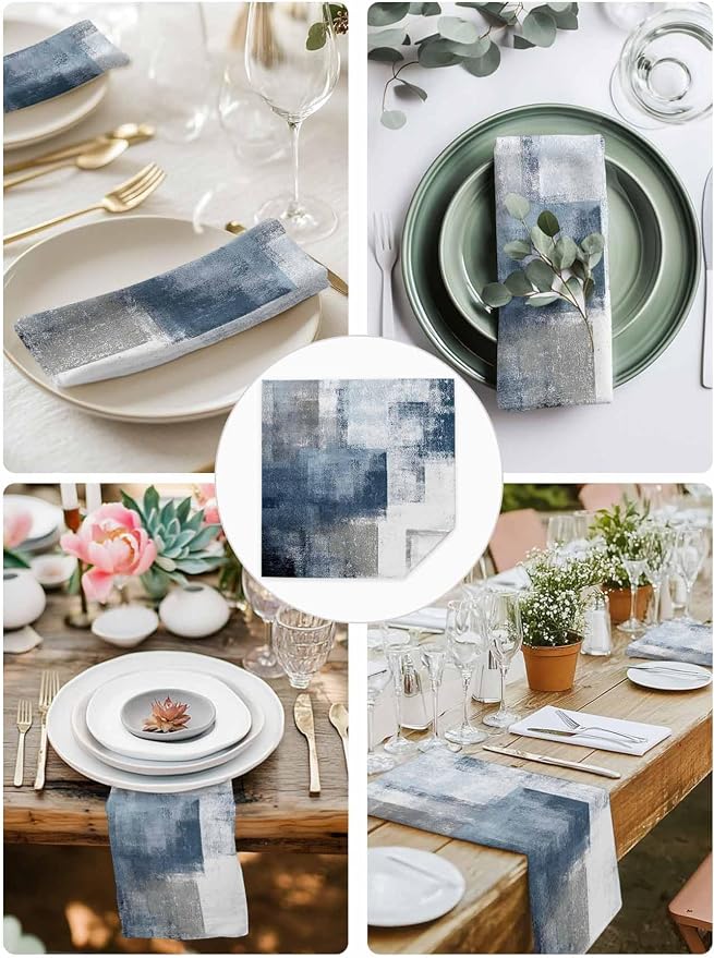 Blue Grey White Block Cloth Napkins Set of 8, Geometric Oil Painting Abstract Art Dinner Napkins Cloth Washable, Cocktail Napkins Reusable for Wedding, Party, Birthday (20"x20") - Image 4